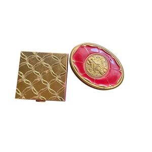 Vtg Volupte Brass Powder Compact & Red Enamel Ornate Oval Trinket Box Case MCM